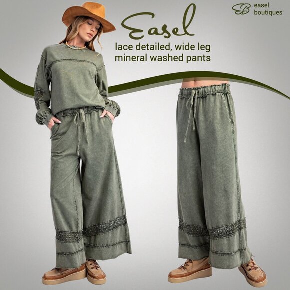 EASEL Lace Detailed Terry Knit Cotton Mineral Washed Wide Leg Drawstring Pockets - Picture 1 of 15